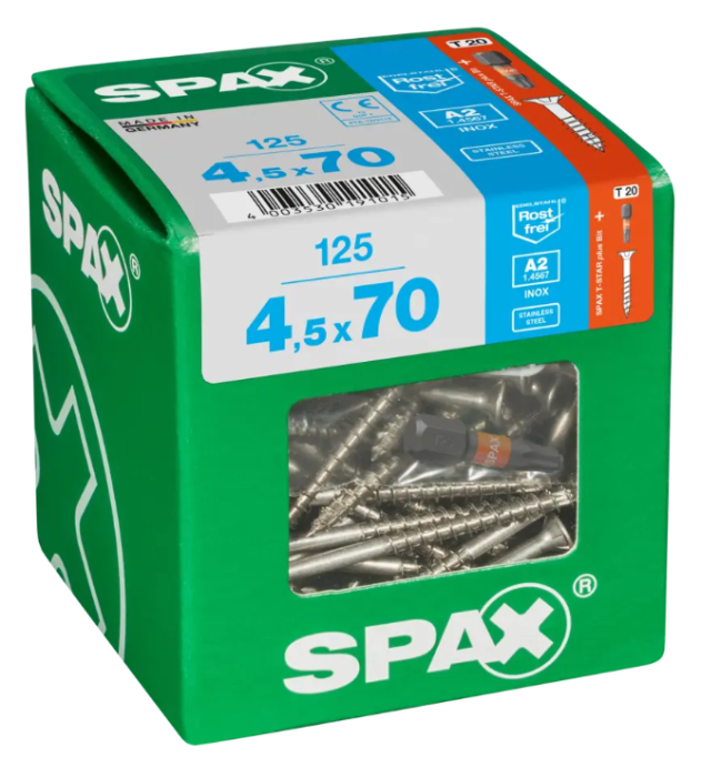 SPAX Edelstahlschraube, 4,5 x 70 mm, 125 Stück, Teilgewinde, Senkkopf, T-STAR plus T20, 4CUT, Edelstahl rostfrei A2, 4197000450706